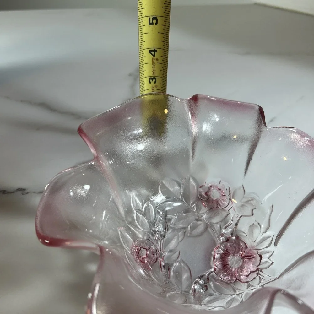 Vintage Mikasa Walther Rosella Ruffle Edge Flower Bowl Pink Clear Glass Dish 11